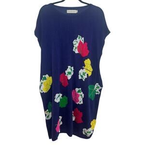 Groundshow Size Large Blue Knit Abstract Design Lagenlook Midi Dress Pockets